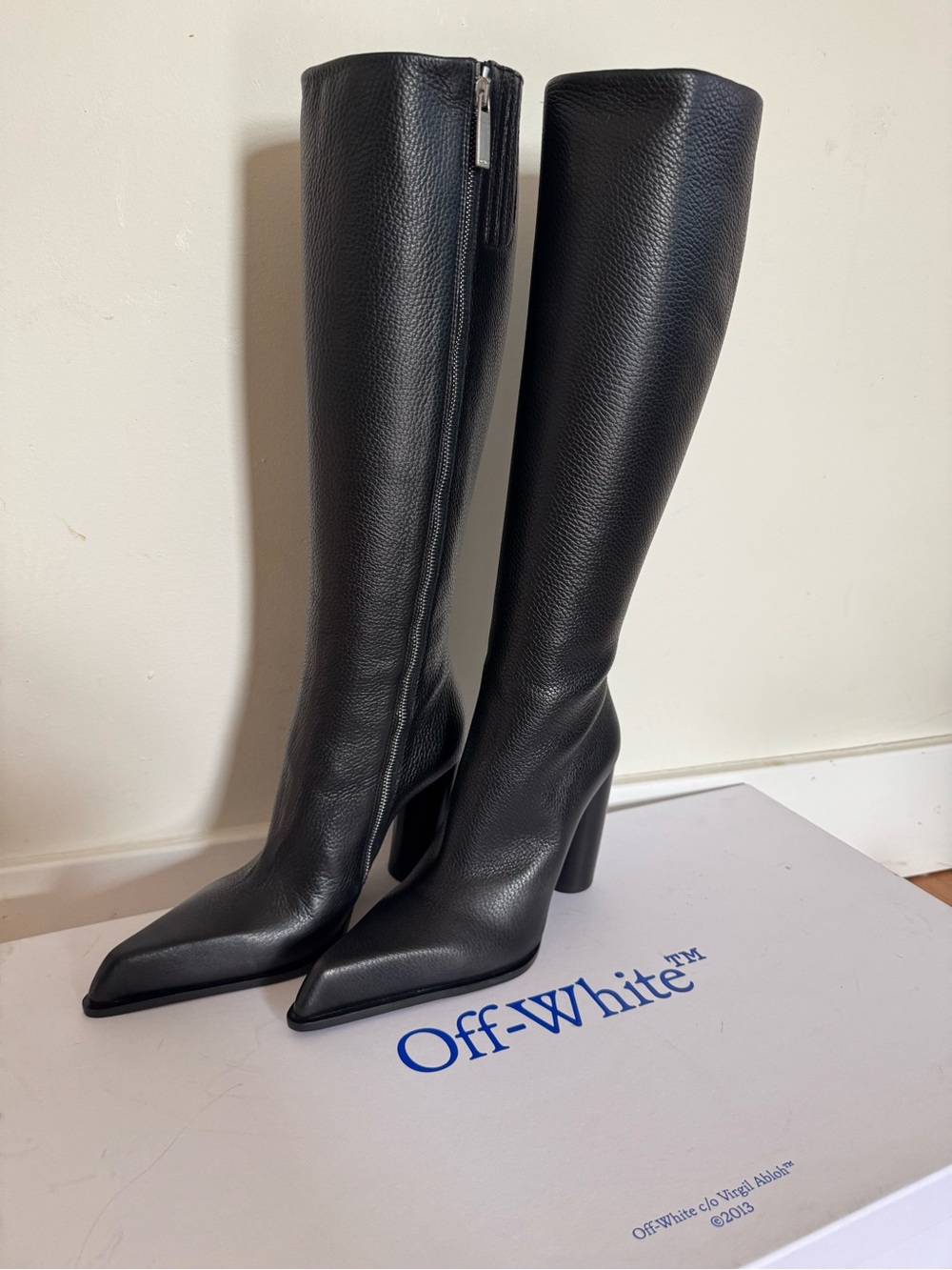 Off-White Black Over-the-Knee Pointed Toe Leather Boots